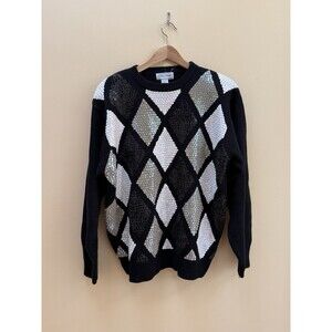 Vintage Alfred Dunner Sequin Sweater Diamond Patterns Black White XL